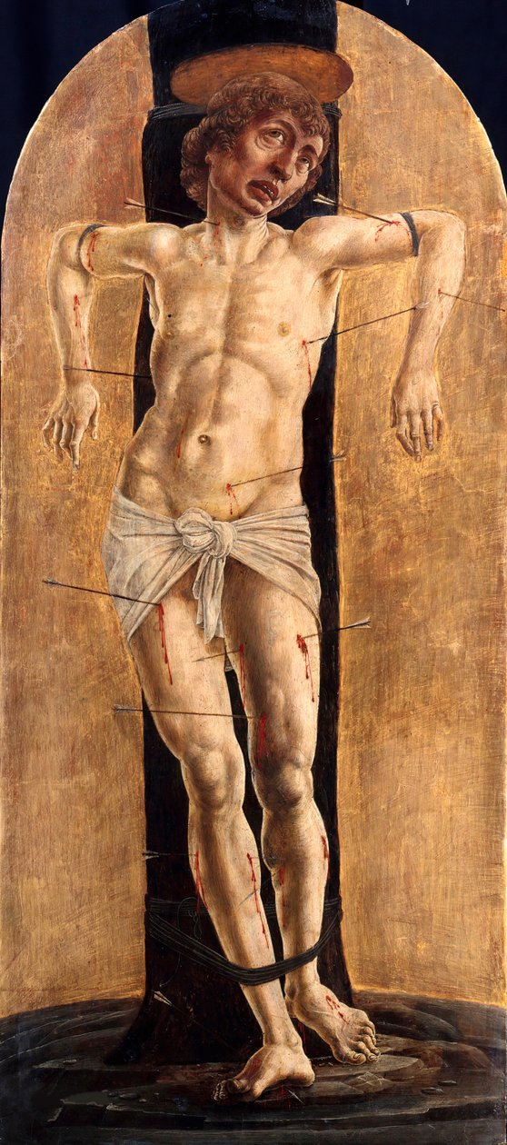 ""Szent Sebastian"" (Szent Sebestyén) Cosimo (Cosimo) Tura festménye (1431-1495 előtt), kb 1484 - Olaj, fa, 75x33 - Staatliche Museen, Berlin alkotó: Cosimo Tura