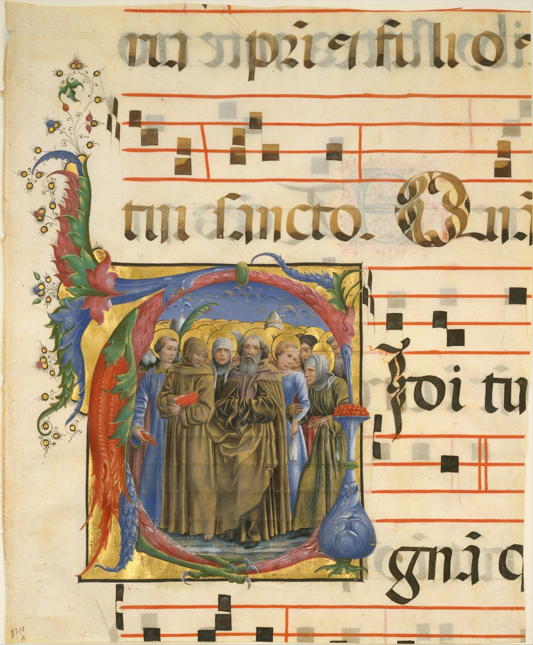 Kéziratos megvilágítás mindenszentekkel V kezdőbetűben, antifóniából, 1450-60. alkotó: Cosmè Tura