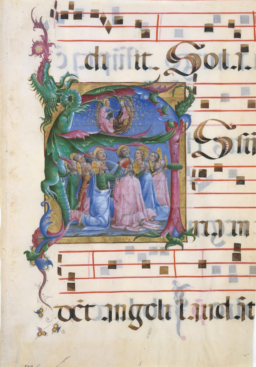 Kéziratos megvilágítás a Szűz mennybemenetelével kezdetben A..., 1450-60. alkotó: Cosmè Tura