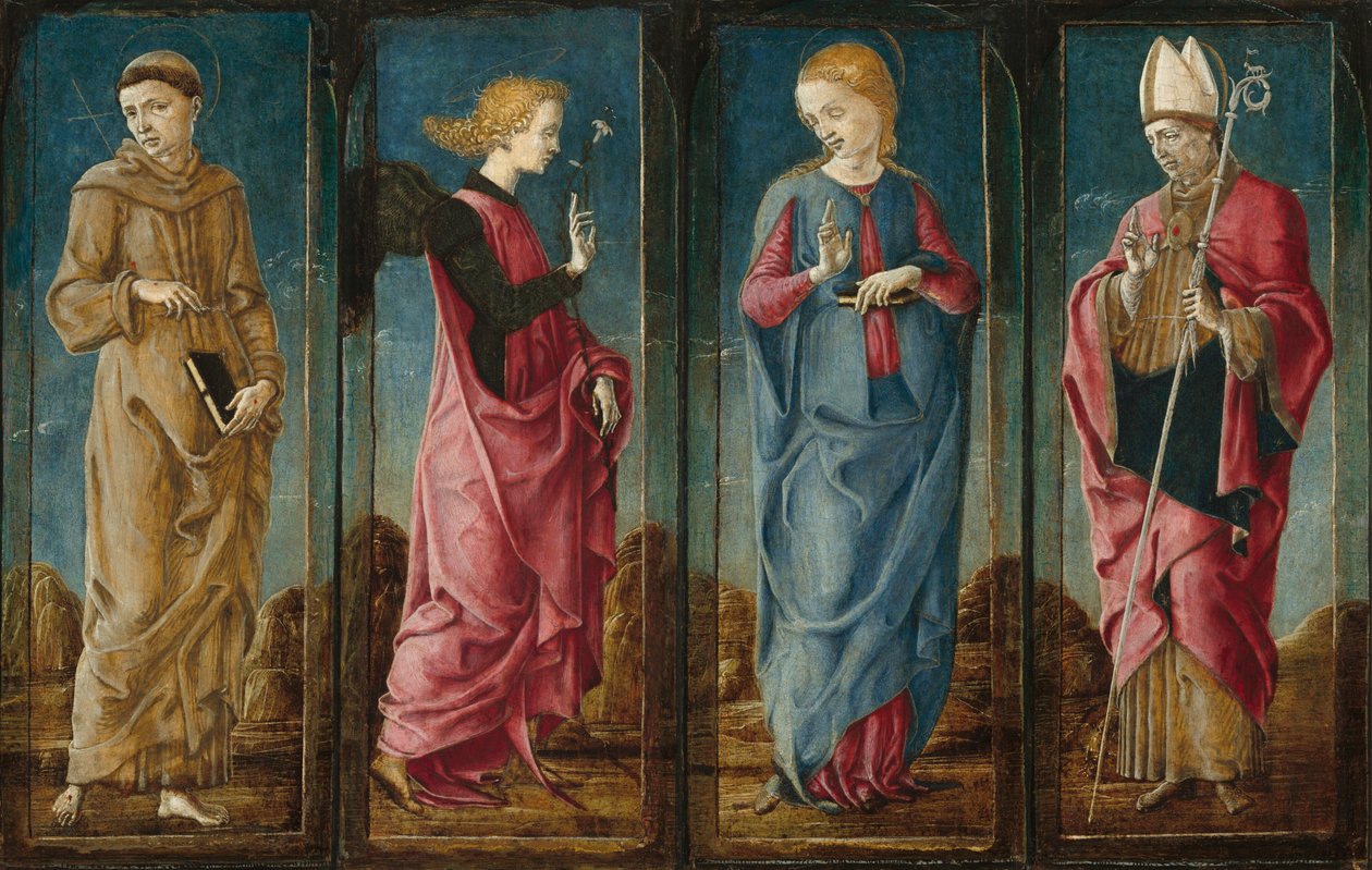 Az Angyali üdvözlet Szent Ferenccel és Toulouse-i Szent Lajossal [négy panel], Kr. e. 14701480. alkotó: Cosmè Tura