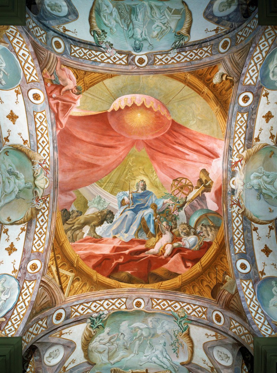 Szent Emmeran kolostor, 1812 óta a Thurn und Taxis hercegek rezidenciája: (freskó): mennyezeti freskó a könyvtárban, Salamon király ... (freskó) alkotó: Cosmas Damian Asam