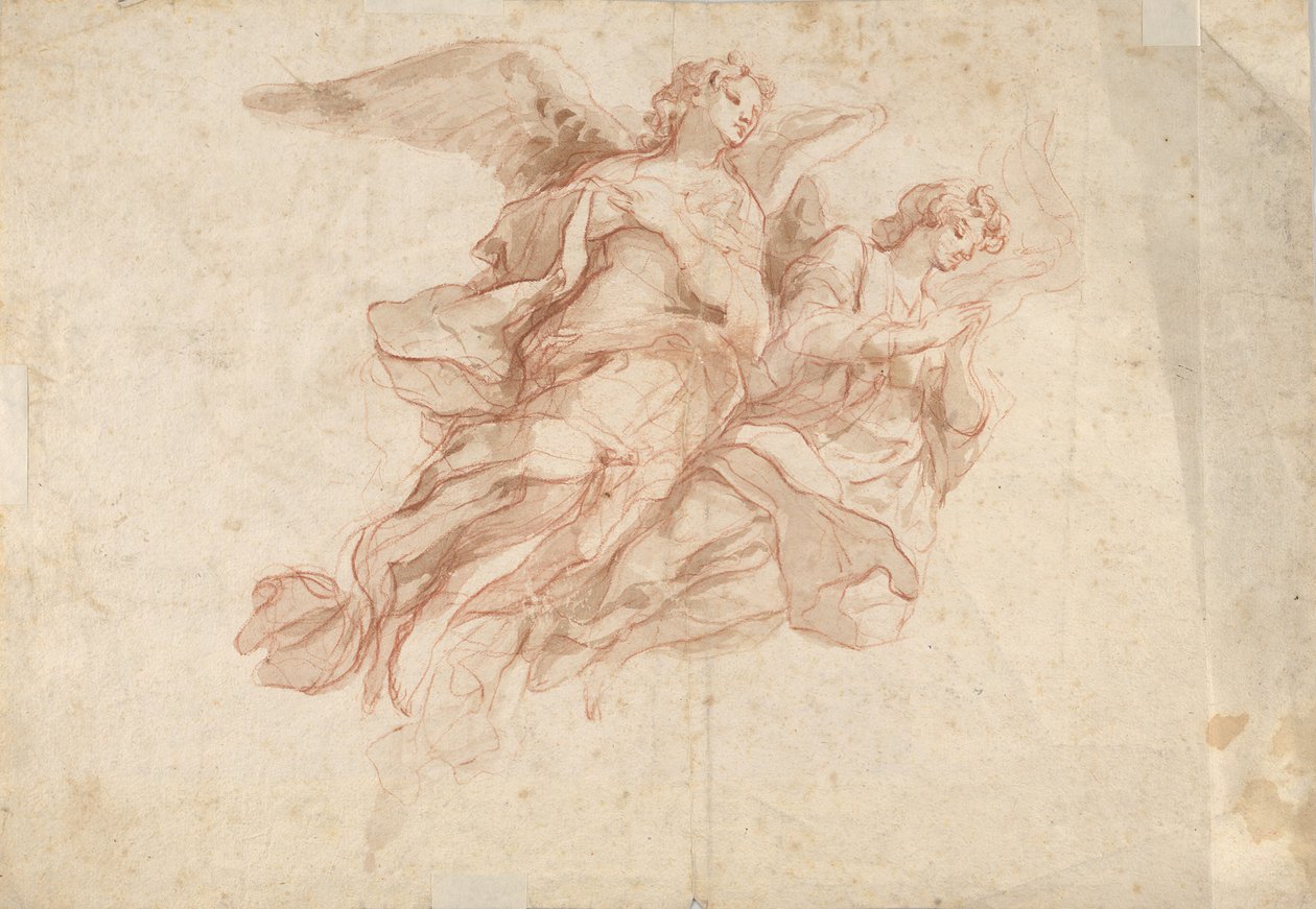 Két angyal repül, verso: Isten, az Atya, aki a felhőkben ül, és egy repülő figura vázlata, c1720 alkotó: Cosmas Damian Asam
