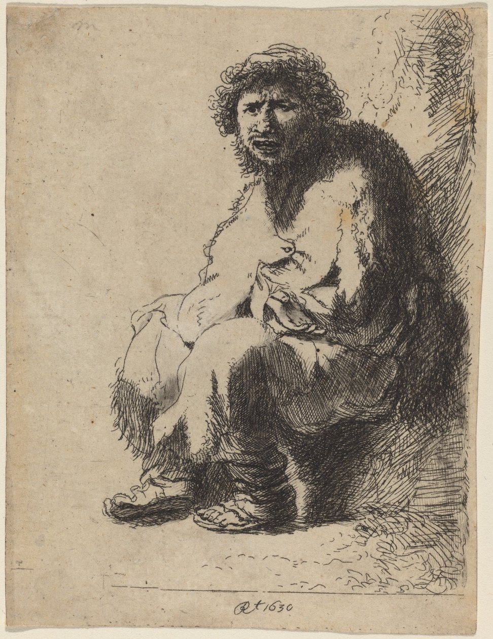 Koldus ül egy bankon alkotó: Costantino Cumano after Rembrandt van Rijn