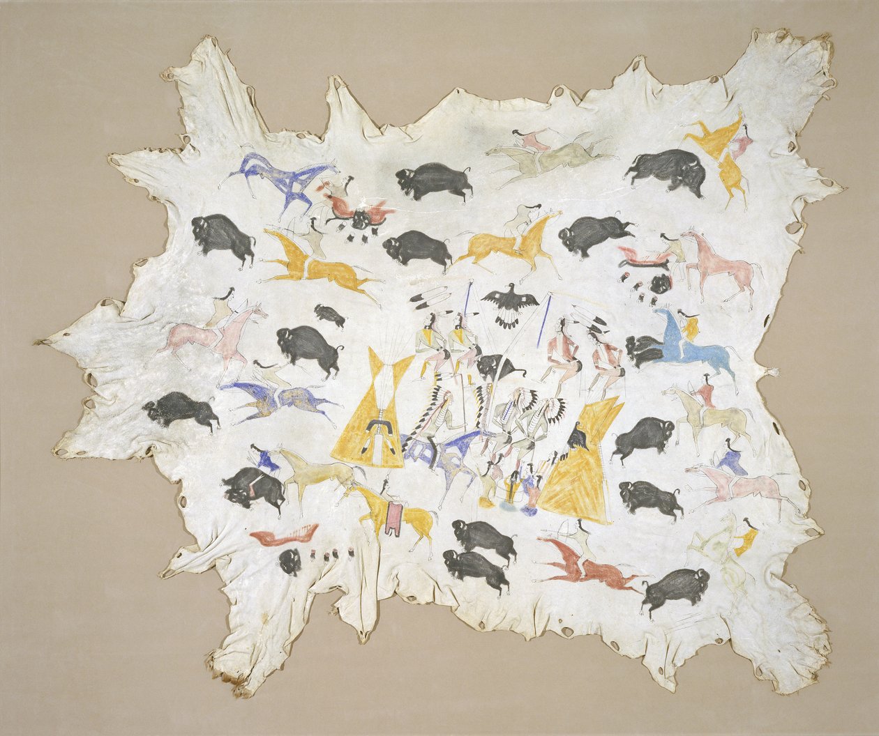 Scenes of Plains Indian Life, 1880 körül (pigment a szarvasbőrön) alkotó: Cotsiogo