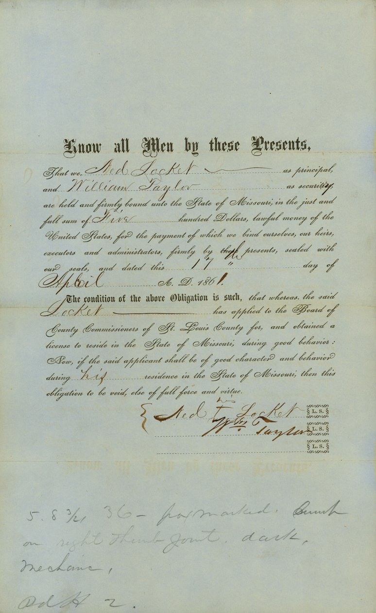 Ned Locket Free Negro Bond alkotó: County Court of St.Louis