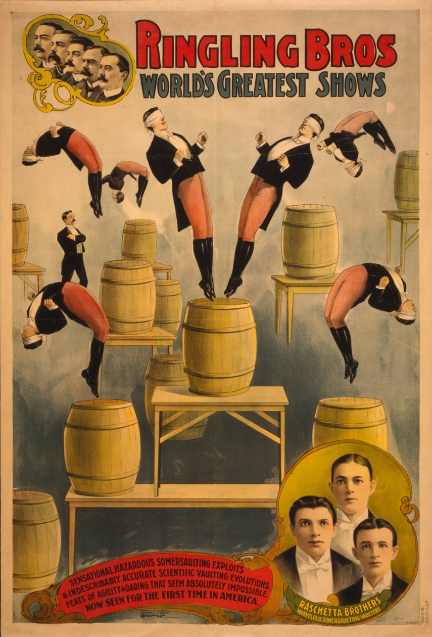 Ringling Bros, a világ legnagyobb műsorai Raschetta testvérek, csodálatos bukfencezők, c. 1900 alkotó: Courier Company Lith.