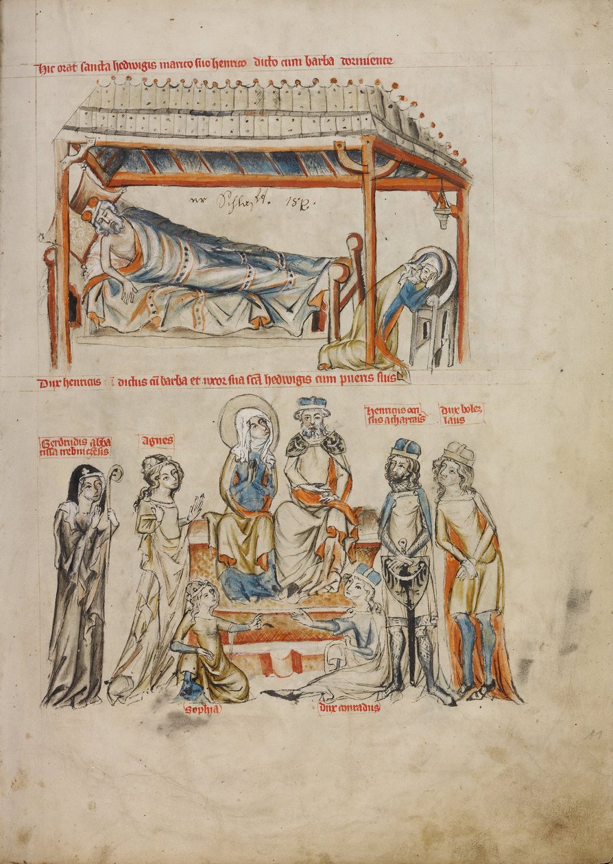 Heinrich alszik és Hedwig imádkozik. Heinrich és Hedwig gyermekeikkel, 1353 alkotó: Court workshop of Duke Ludwig I