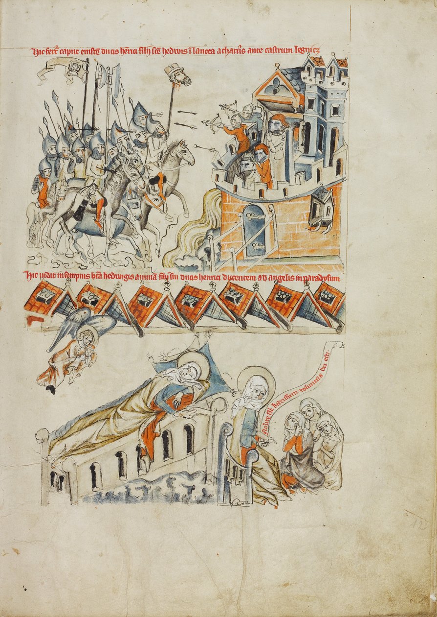 A tatárok Heinrich fejét viszik Liegnitz vára előtt; Szent Hedvig álmában látja, hogy fia lelkét a mennybe viszik. alkotó: Court workshop of Duke Ludwig I of Liegnitz and Brieg