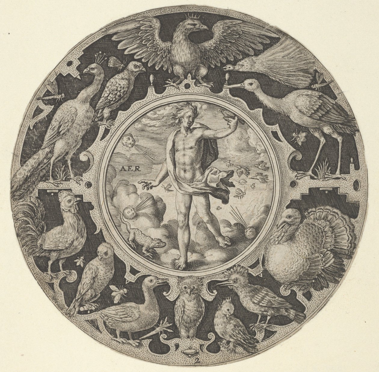 „Aer” dekoratív szegélyben madarakkal, kör alakú minták sorozatából az F...-vel, 1590-1612. alkotó: Crispijn de Passe I