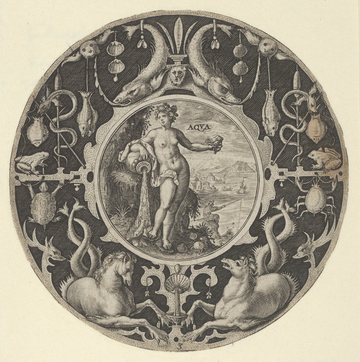 „Aqua” dekoratív szegélyben tengeri élőlényekkel, kör alakú minták sorozatából, 1590-1612. alkotó: Crispijn de Passe I