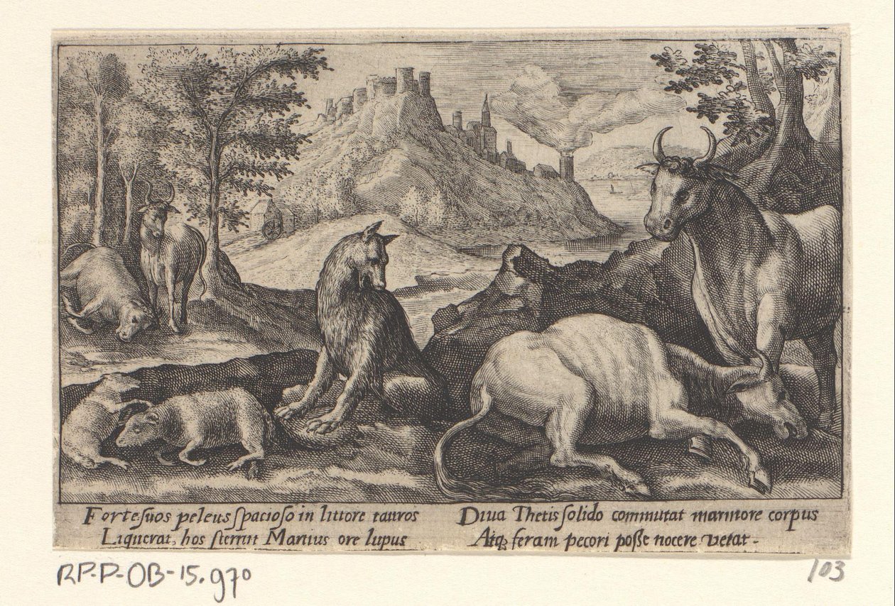Psamathe a farkast márványmá változtatja Ovidius metamorfózisai (sorozat címe) alkotó: Crispijn van de Passe (I)