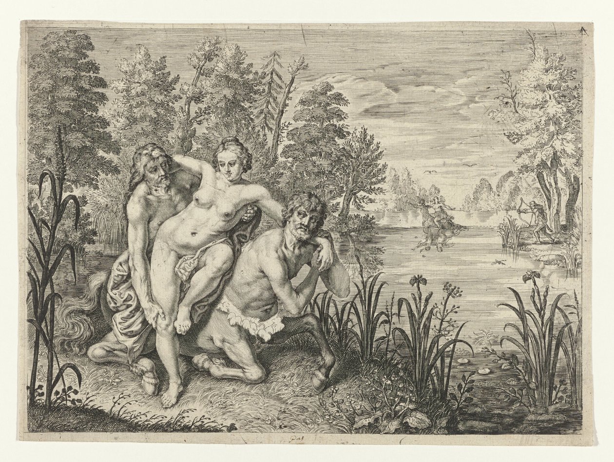 Nessus átviszi Deianeirát a folyón Dianier of Nessus a patak túloldalán (cím a tárgyon) Ovidius metamorfózisai (sorozat címe) alkotó: Crispijn van de Passe (II) (possibly)