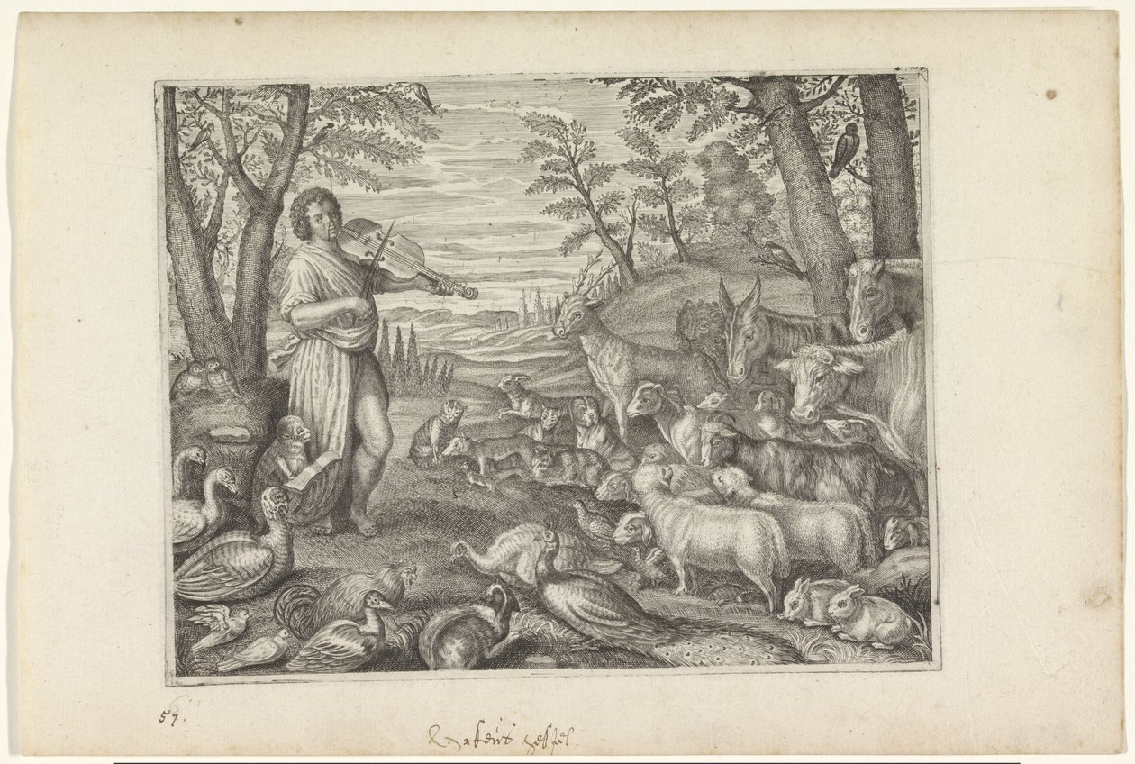 Orpheus zenéjével elvarázsolja az állatokat Ovidius metamorfózisai (sorozat címe) alkotó: Crispijn van de Passe (II)