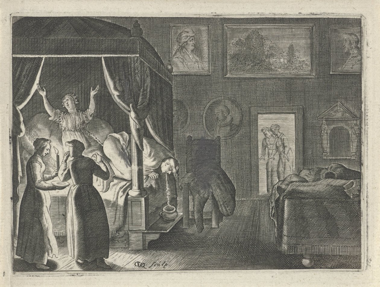 Hányó férfi az ágyban alkotó: Crispijn van den Queborn