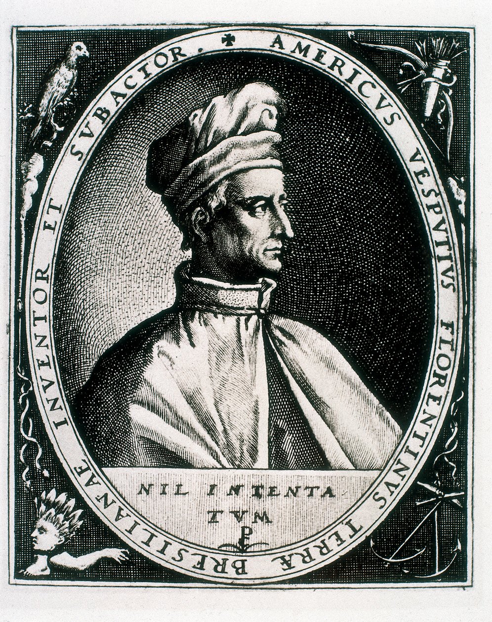 Amerigo Vespucci portréja, "Americus Vesputius Florentinus Bresilian Inventor Subactor földje" felirat (metszet) alkotó: Crispin I de (after) Passe