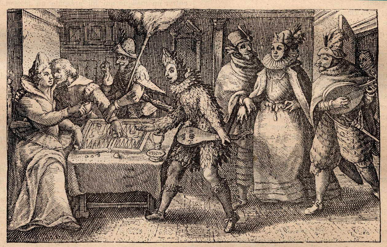 Backgammon parti sétáló játékosokkal - holland rézmetszet; Hortus Voluptatem, Crispin de Passe (1550-1643) nyomatkészletéből – Egy backgammon játszó házaspárt meglepett öt férfi maszk, Crispin de Passe l