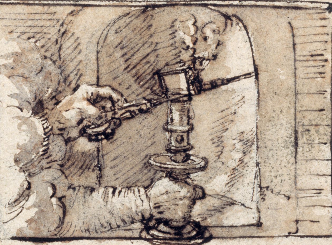 Felhőből kiengedő kézpár, gyertyát oltva egy gyertyatartóban (toll és barna tinta barna mosással a papíron) alkotó: Crispin I de Passe