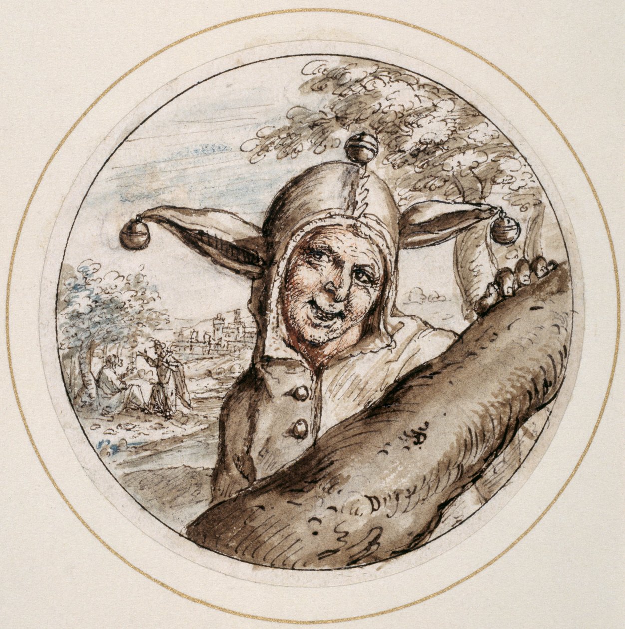 Bolond sapkával és harangokkal, 17. század eleje (toll és barna tinta barna, szürke és rózsa mosással) alkotó: Crispin I de Passe