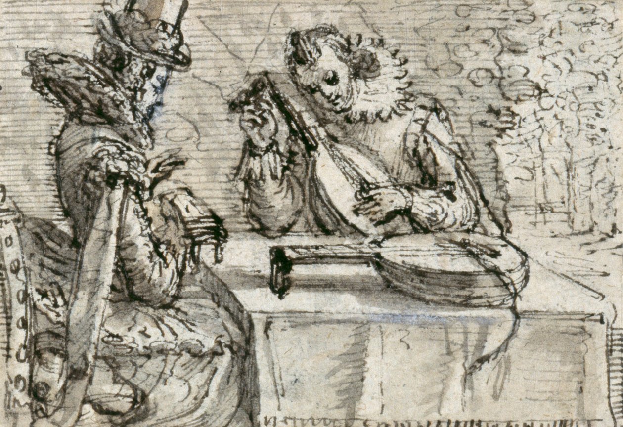 Fiatalok lanton játszanak (toll és tinta barna mosással a papíron) alkotó: Crispin I de Passe