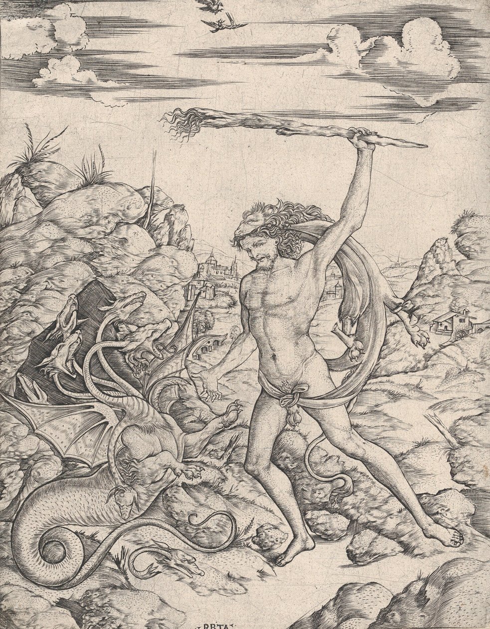 Herkules és a Hidra fáklyával megtámadja a szárnyas, sokfejű Hydr..., kb. 1500-1520. alkotó: Cristofano di Michele Martini
