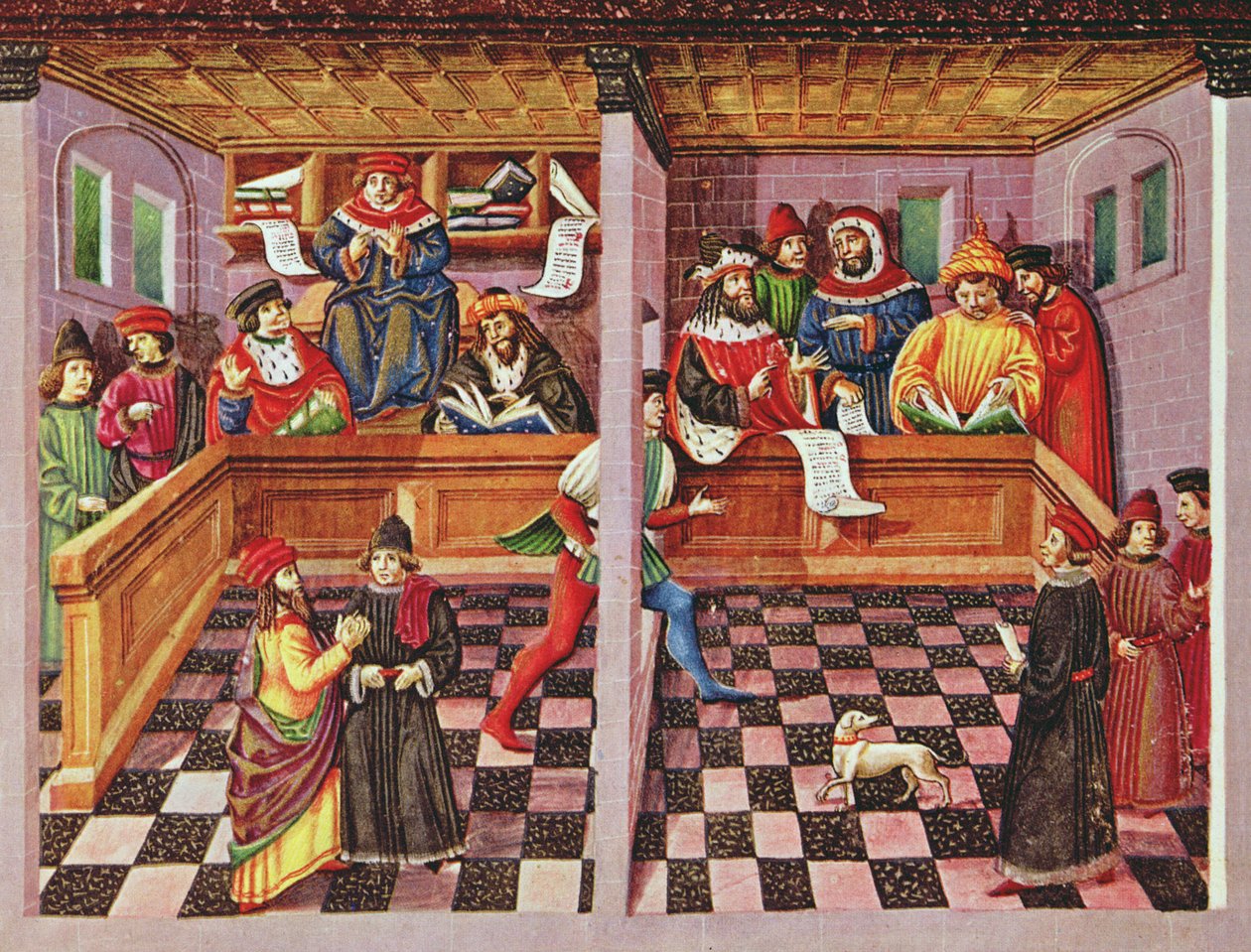 Ms Lat. 209 fol.8v A tudósok törvényszéke, a "De Sphaera"-ból, 1470 körül. alkotó: Cristoforo De Predis