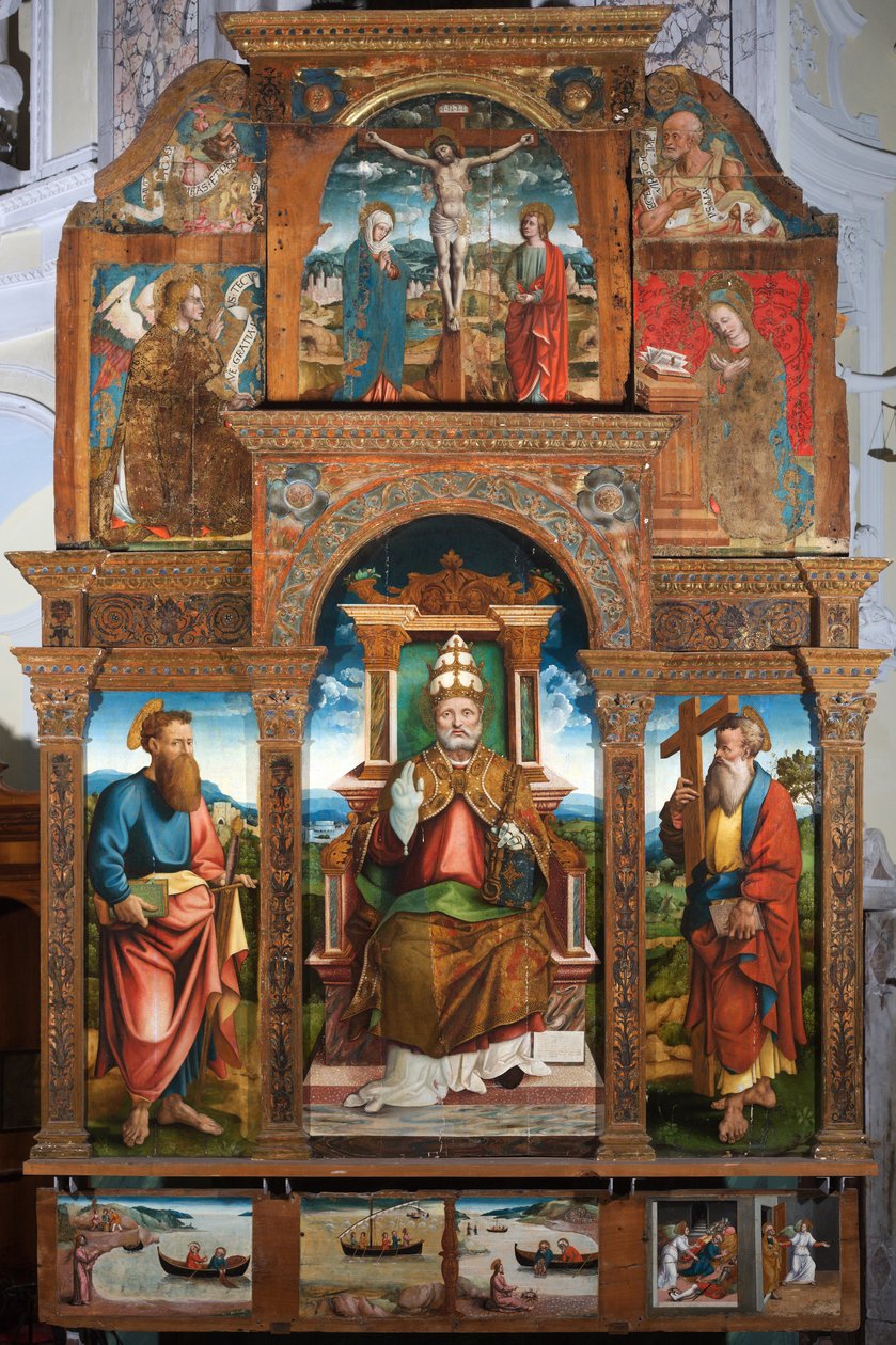 Szent Pétert ábrázoló poliptichon a székben alkotó: Cristoforo (fl.1525 1578) (attr.to) Pancalino