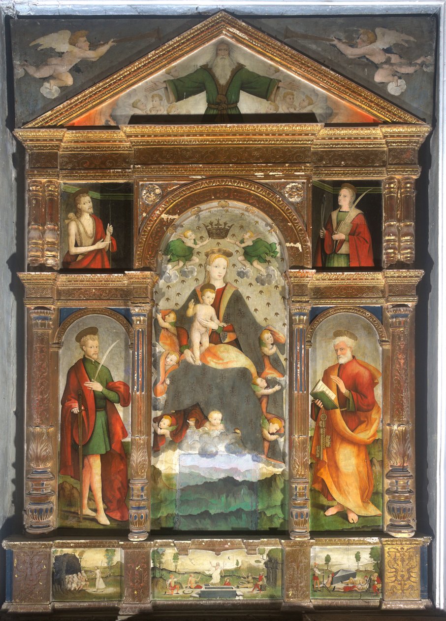 Megkoronázott Madonna és gyermeke angyalokkal, Szent Pál, Szent Péter alkotó: Cristoforo (fl.1525 1578) & Pancalino Raffaele (fl.1514 1573) Pancalino