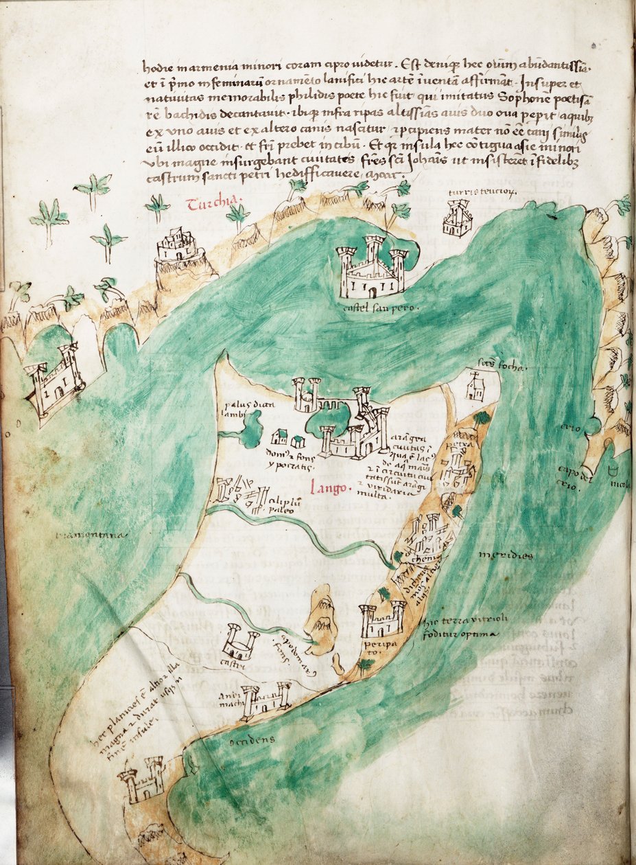 Kos és Bodrum térképe, 1420 körül (pergamen) alkotó: Cristoforo Buondelmonti
