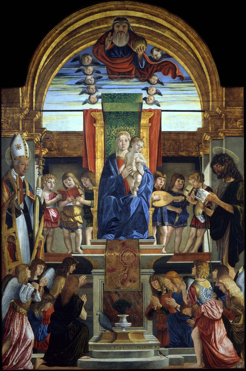 Az Atyaistennel trónoló Szűz és Gyermek, valamint Szent Hilarius és Keresztelő János, 1499 alkotó: Cristoforo Caselli