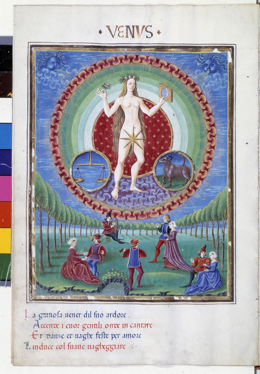 Az egyensúly és a bika csillagjegyeivel együtt. Lent a gáláns jelenetek. Miniatűr Cristoforo de Predis (v. 1440-v. 1486) - a „” De Sphaera””” d