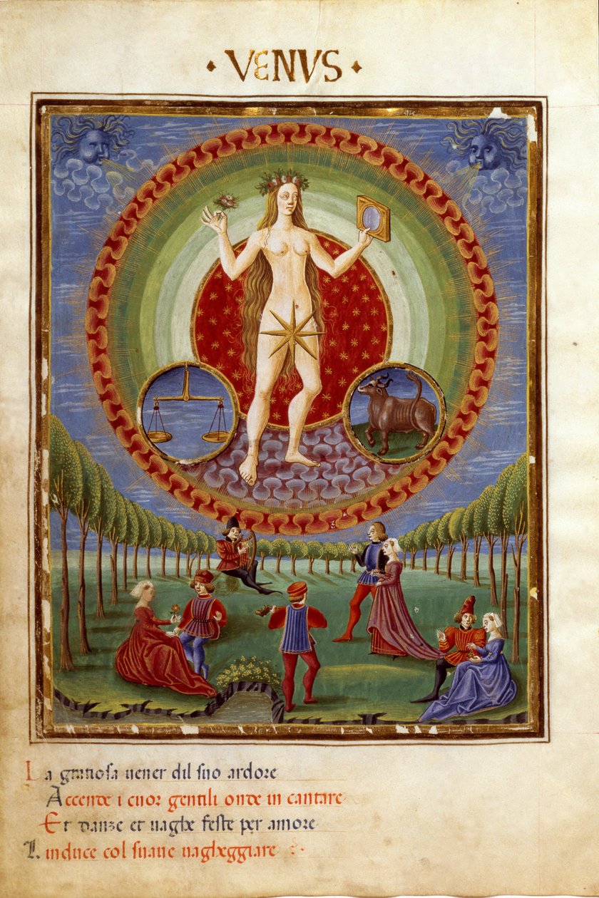 Az egyensúly és a bika csillagjegyeivel együtt. A gáláns jelenetek (miniatűr, 1470 körül) alkotó: Cristoforo De Predis