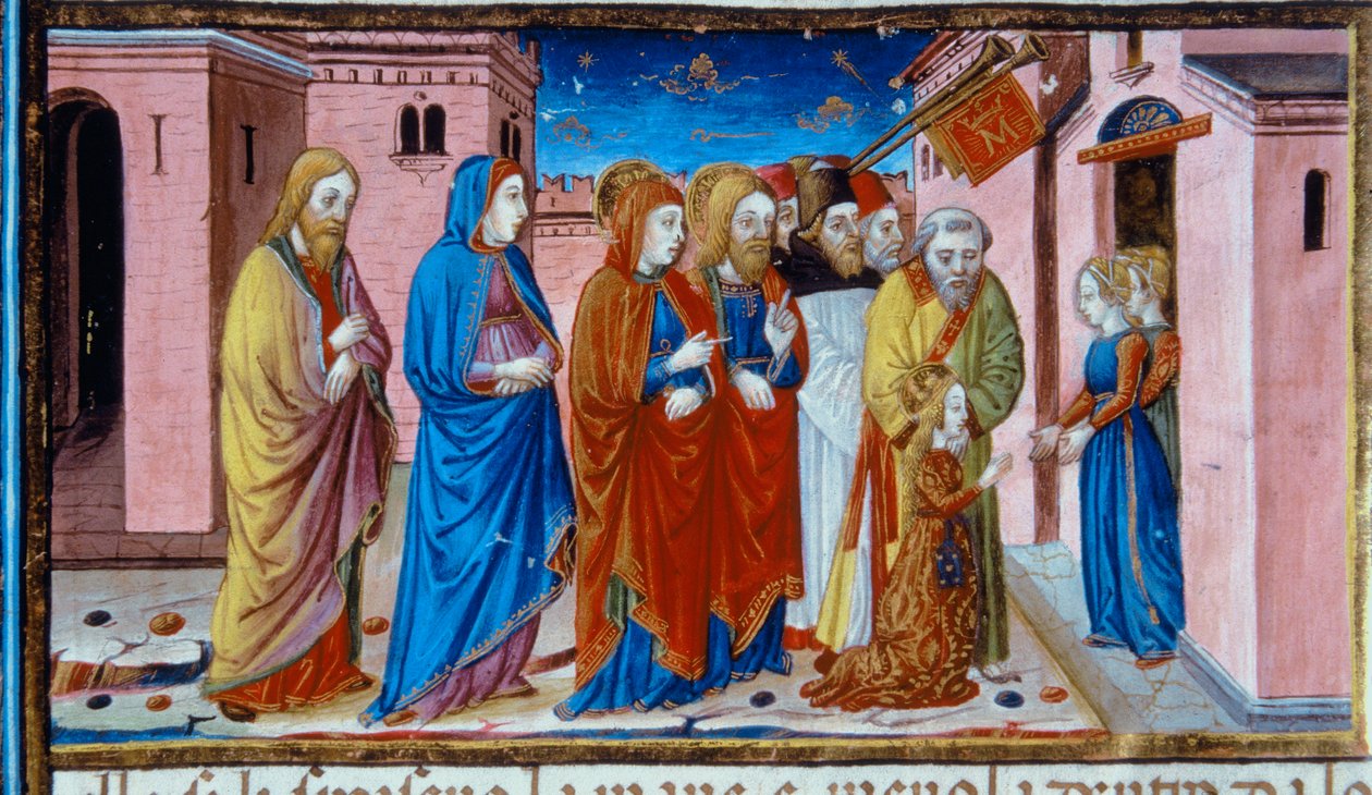 Megvilágítás, amely Máriát ábrázolja, akit a Templom szűzei fogadtak, a Codex De Predisben (15v. k.) alkotó: Cristoforo De Predis