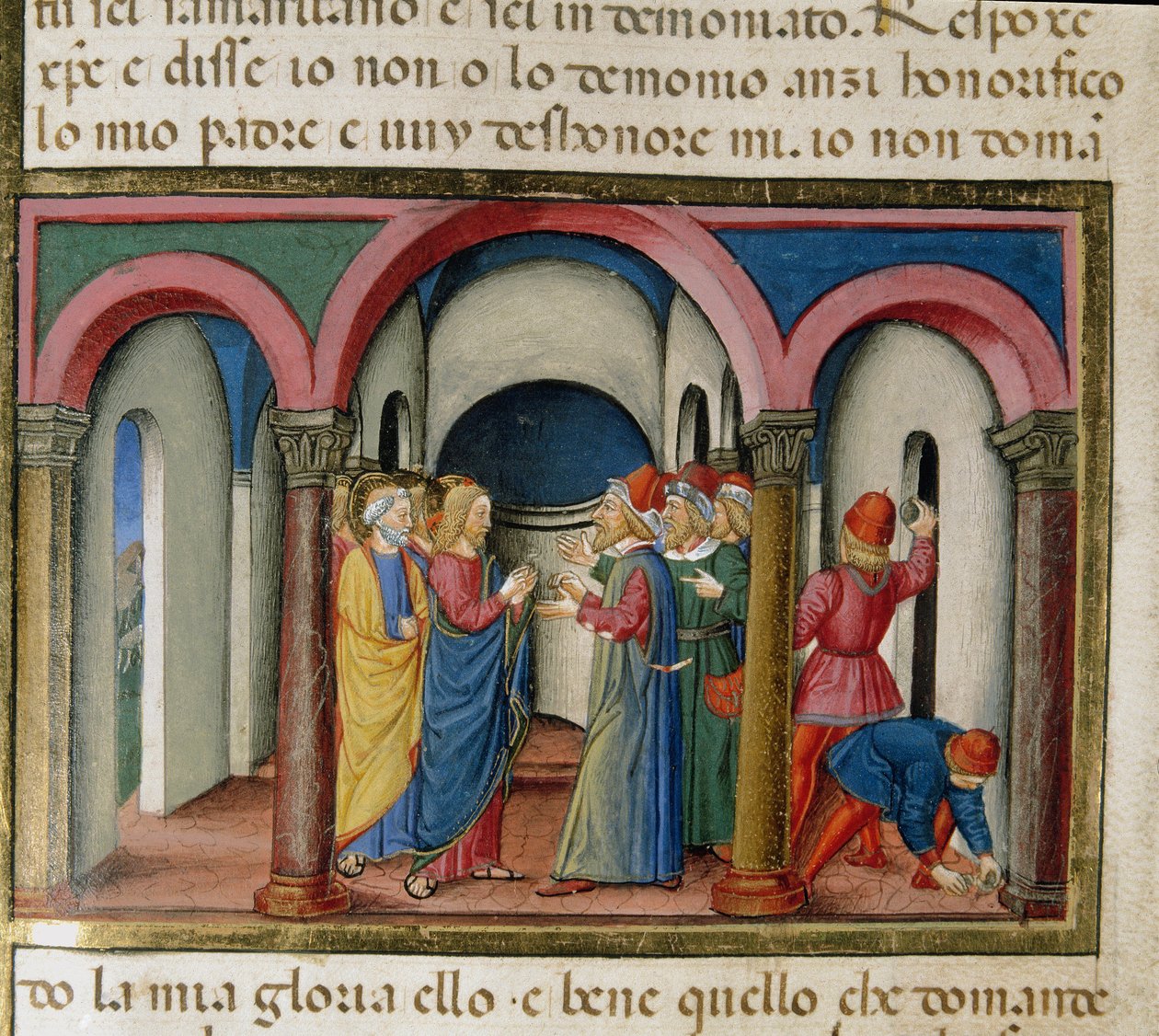 Jézust Salamon temploma közelében beavatták a zsidók, akik arra kérték, hogy bizonyítsa be Cristoforo De Predis (1440-1486) miniatűr kilétét az Újszövetség története után. alkotó: Cristoforo De Predis