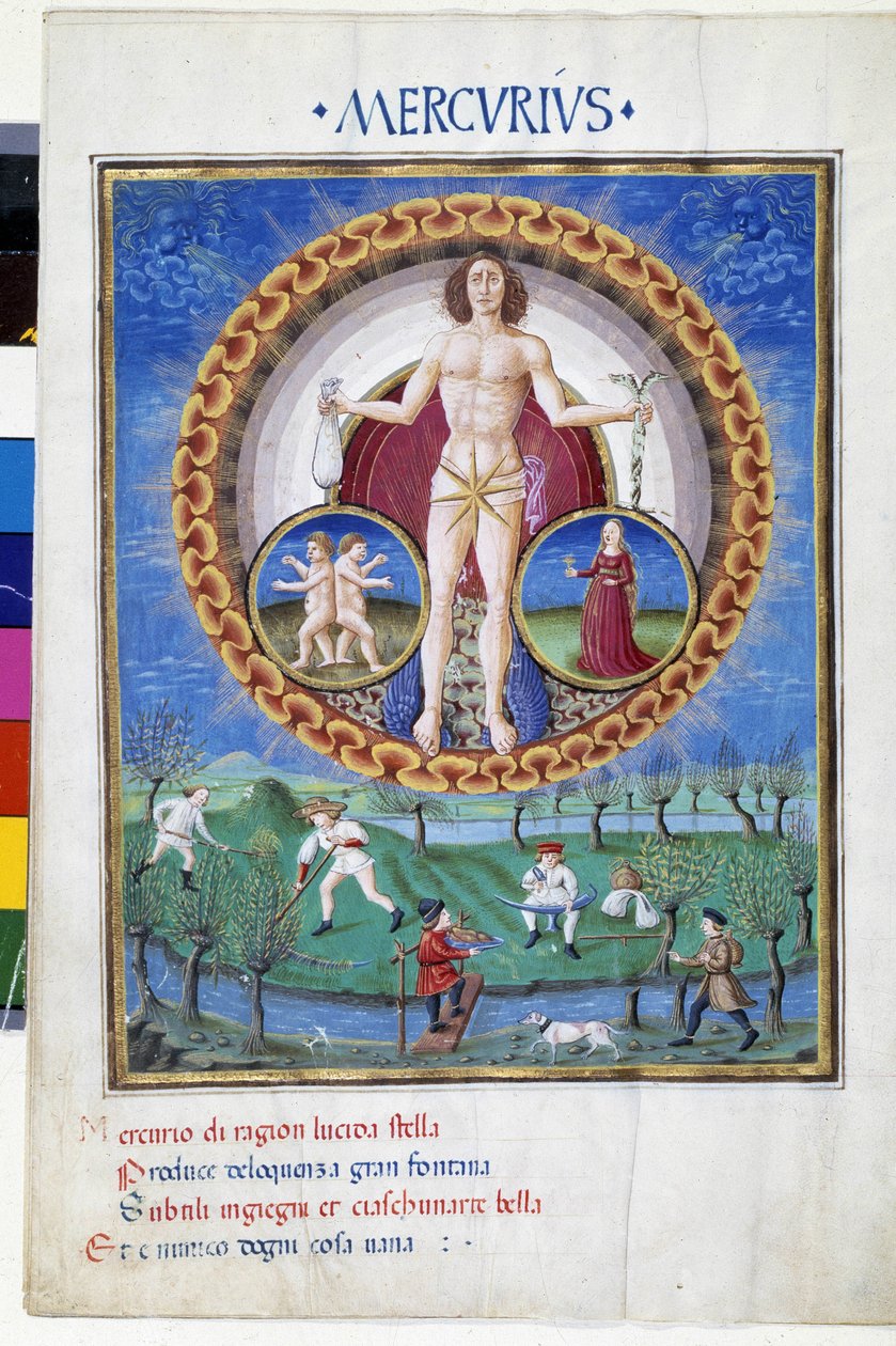 Merkúr a Szűz és a Gemelek állatöv jegyeivel. Lent parasztok dolgoznak a földeken. Miniatűr Cristoforo de Predis (v. 1440-v. 1486) - a „” De Sphaera””” d