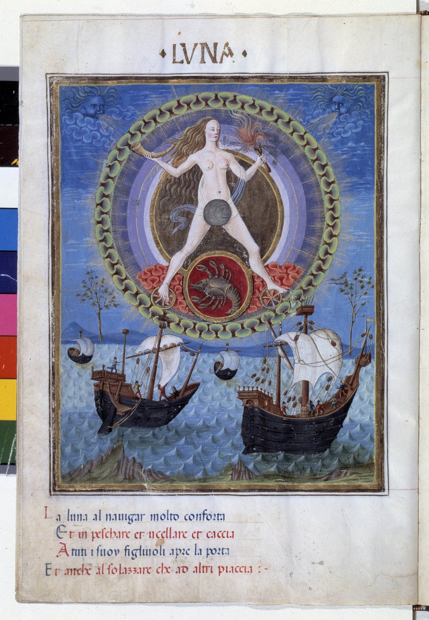 Hold a rák állatöv jelével. Lent, csónakok az emelkedő kancák alatt. Miniatűr Cristoforo de Predis (v. 1440-v. 1486) - a „” De Sphaera””” d