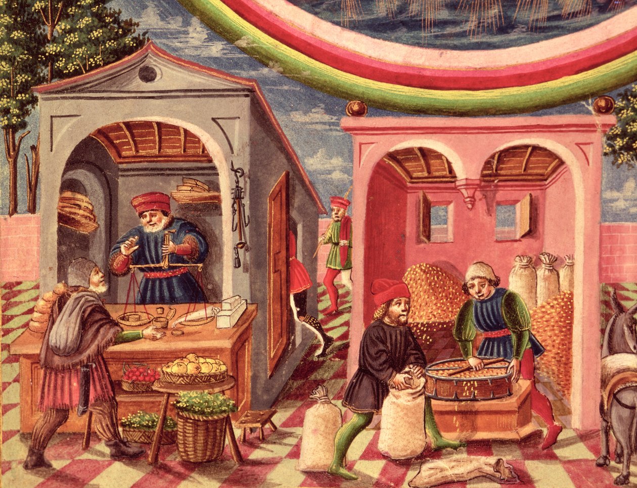 Ms Lat 209 fol.6v Jupiter, gyümölcs- és gabonakereskedők részlete, De Sphaera, 1470 körüli vellum részlet a 308309-ből alkotó: Cristoforo De Predis
