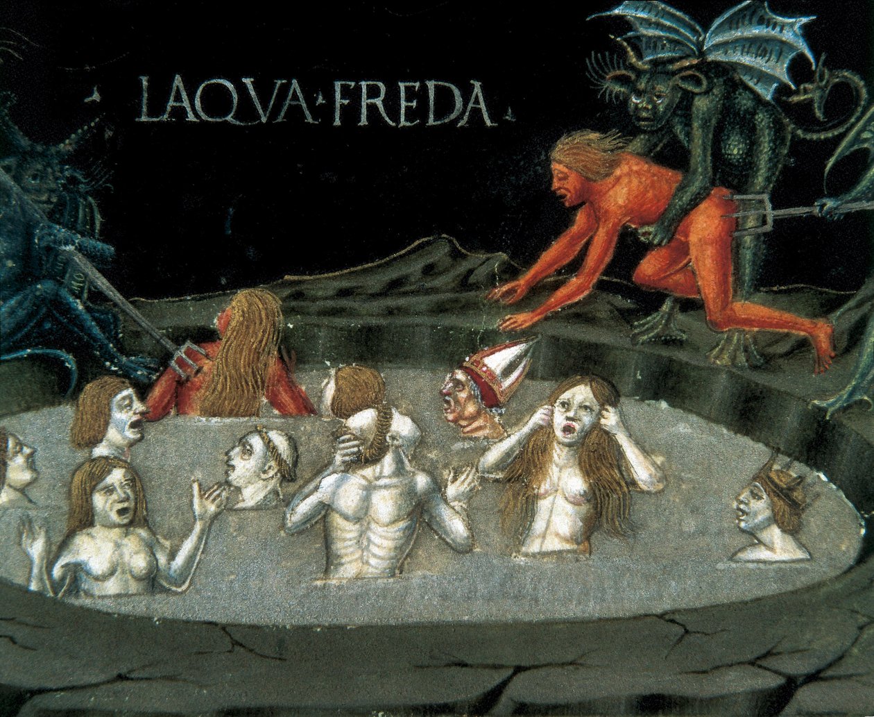 Az alvilág körének ábrázolása: átkozottak a hideg vízben. Cristoforo De Predis (1440-1486) miniatúrája az Újszövetség történetéből alkotó: Cristoforo De Predis