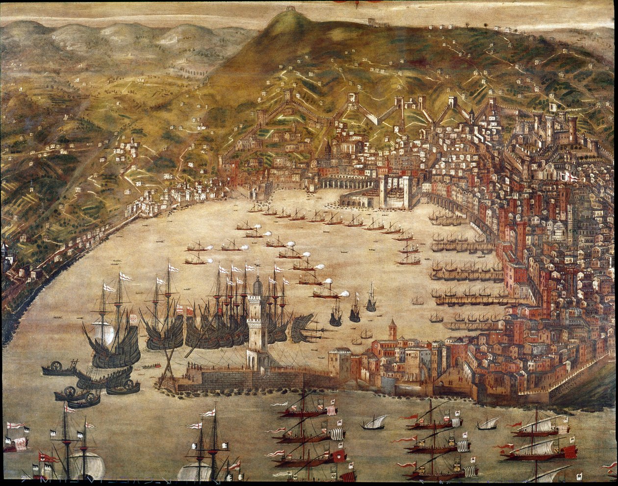 Kilátás a városra és Genova kikötőjére, a belépő hajókkal. (Olajfestmény alkotó: Cristoforo Grassi or Grasso