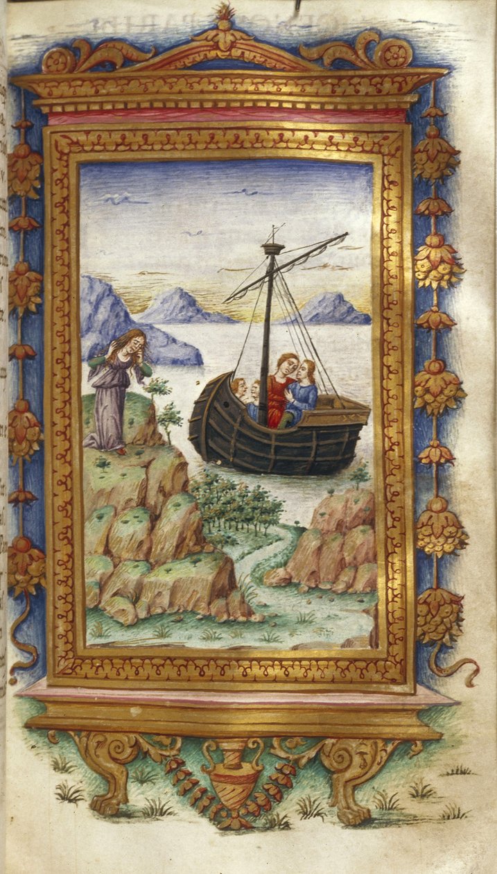 Oenone gyászol Párizs láttán Helen-illusztrációval Ovidius A hősökhöz, 1485-1499 alkotó: Cristoforo Majorana