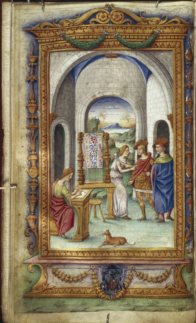 Penelope írása, Telemachus és Laertes illusztrációja Ovidius Hősnőihez, 1485-1499 alkotó: Cristoforo Majorana