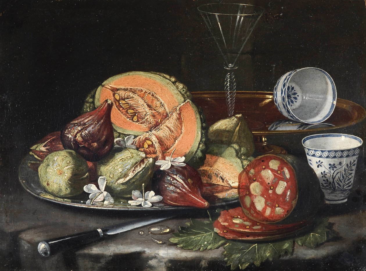 ""Csendélet"" (Csendélet) Dinnye, kolbász, füge és kínai porcelán Cristoforo Monari (Munari) festménye (1667-1720), - Olaj, vászon, 44x56 - Fondation Custodia alkotó: Cristoforo Munari
