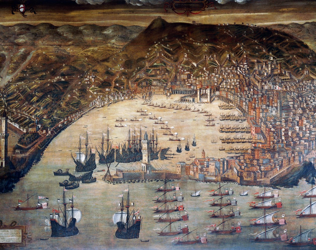 Genova és kikötőjének kilátása, Cristoforo Grassi festménye (1565-1598), Olaszország alkotó: Cristoforo de Grassi