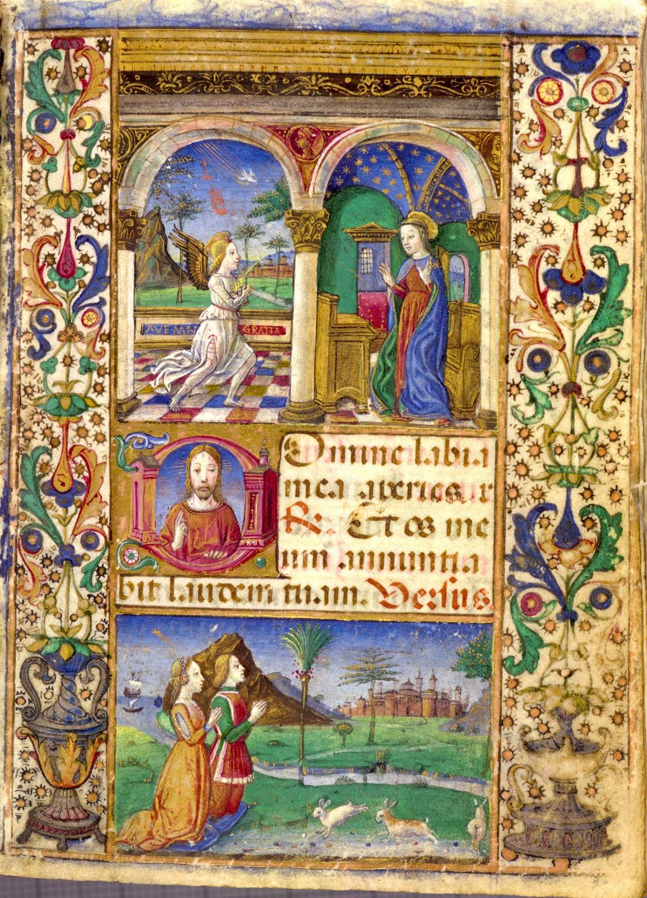 A Borromeo Órakönyvben az Annunciáció, Giovanni III Borromeo és felesége, Cleofa Pio da Carpi imádkoznak. alkotó: Cristoforo De Predis