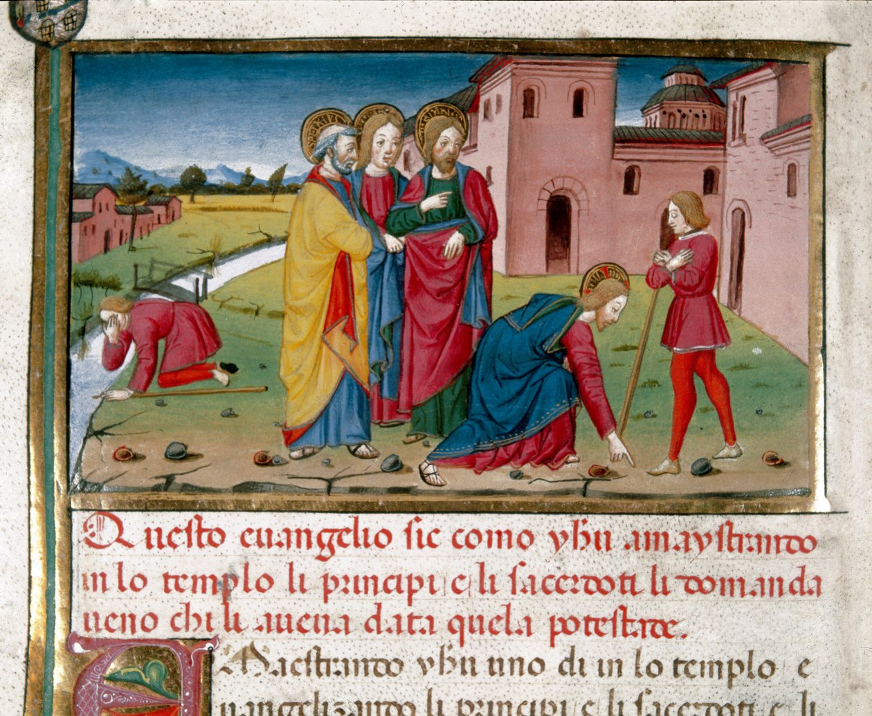 Jézus lát egy születéstől fogva vak embert. Cristoforo De Predis (1440-1486) miniatúrája az Újszövetség története (7. köv.) után alkotó: Cristoforo De Predis