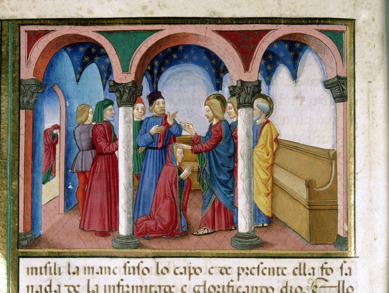 Jézus kiegyenesít egy nőt csavart tagokkal egy miniatűr zsinagógában, Cristoforo De Predis (1440-1486) az Újszövetség története után (78. kötet) alkotó: Cristoforo De Predis