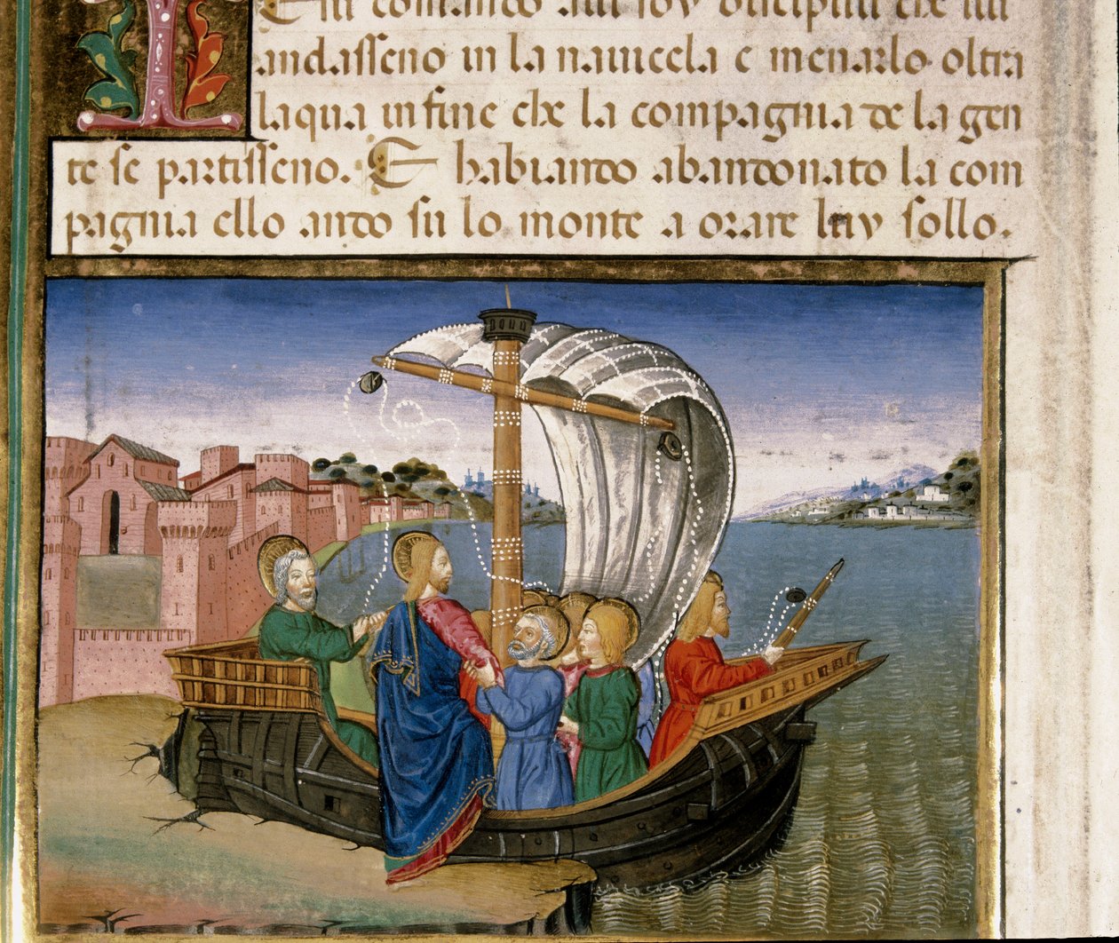 Jézus azt mondja az apostoloknak, hogy menjenek hajóval a Capharneumba, míg ő imádkozni megy Cristoforo De Predis miniatűr hegyére (1440-1486) az Újszövetség története után. alkotó: Cristoforo De Predis