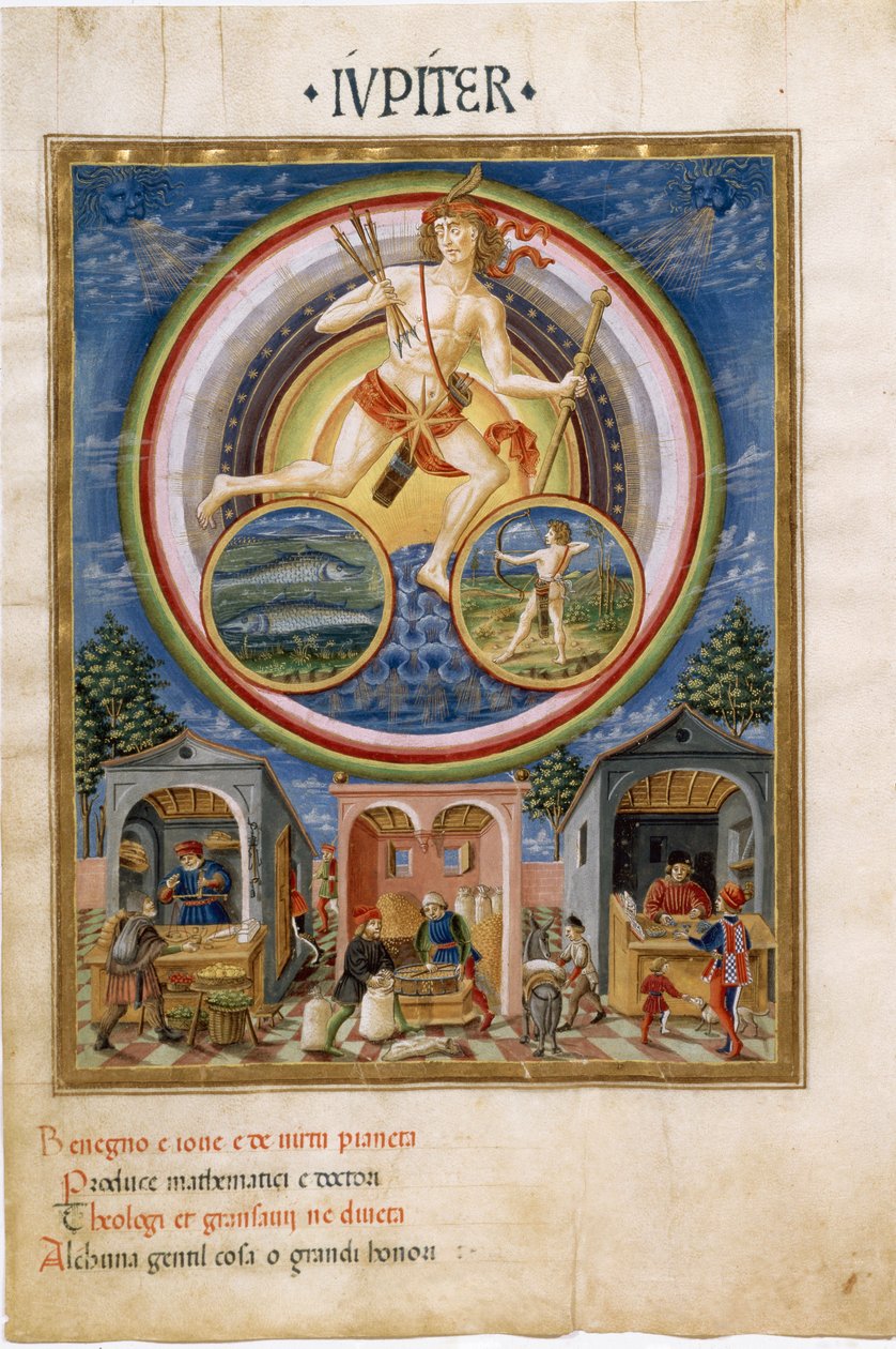 Jupiter a halak és a Nyilas csillagjegyeivel. Különféle cikkeket árusító kereskedők. (miniatűr, 1470 körül) alkotó: Cristoforo De Predis