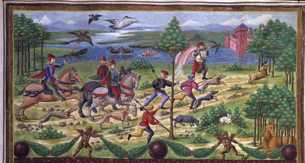 Vadászati ​​részlet a „” Március hatása” című részben: vadászat és udvar. Miniatűr, amelyet Cristoforo de Predis (kb. 1440-kb. 1486) készített - a „” De Sphaera ”” ”d