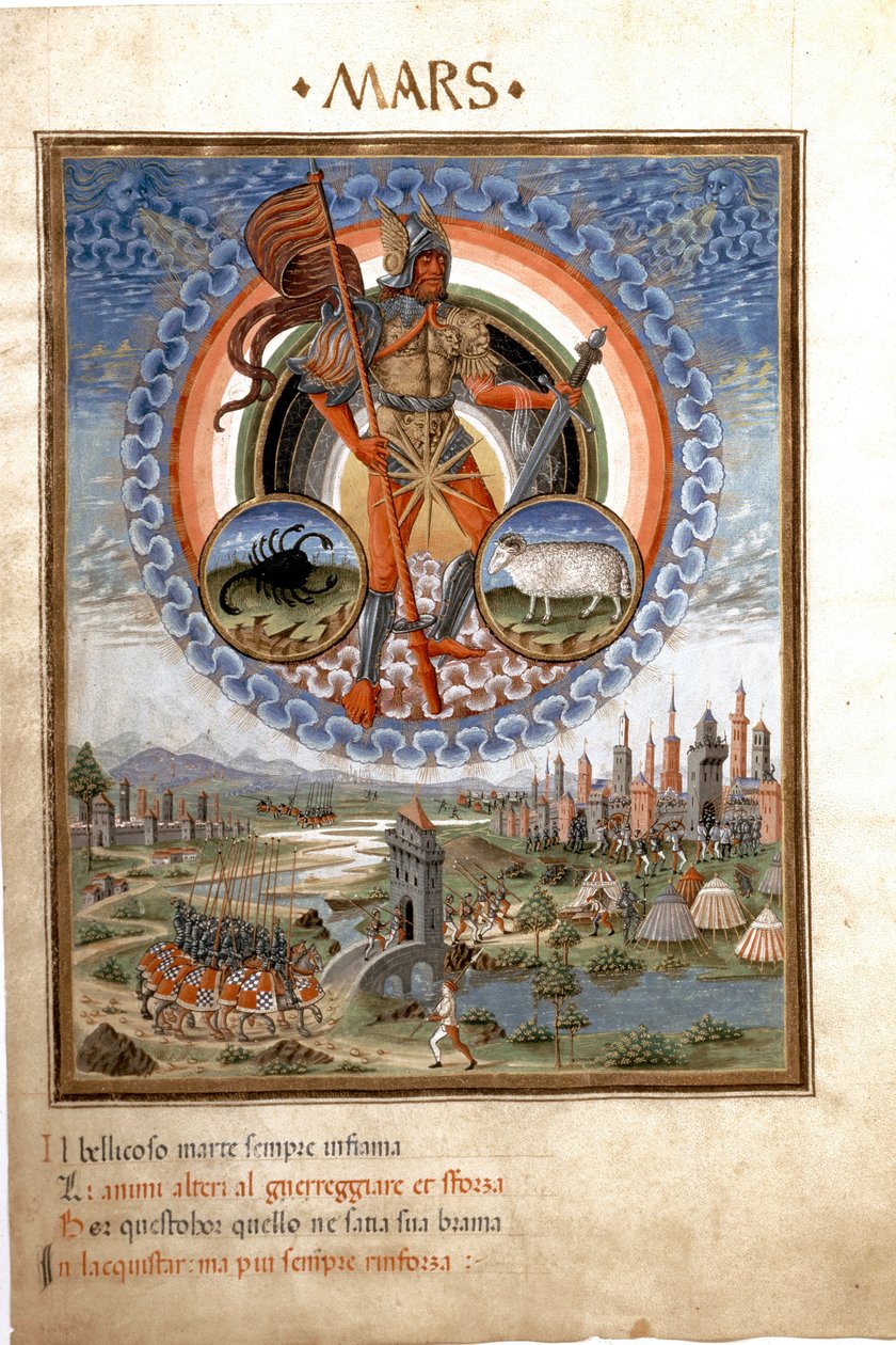 A Mars a skorpió és a hívő csillagjegyekkel. A harci jelenetek. (miniatűr, 1470 körül) alkotó: Cristoforo De Predis