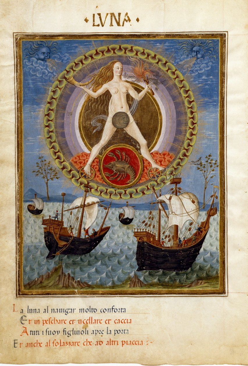 Hold a rák állatöv jelével. Csónakok az emelkedő kancában (miniatűr, 1470 körül) alkotó: Cristoforo De Predis